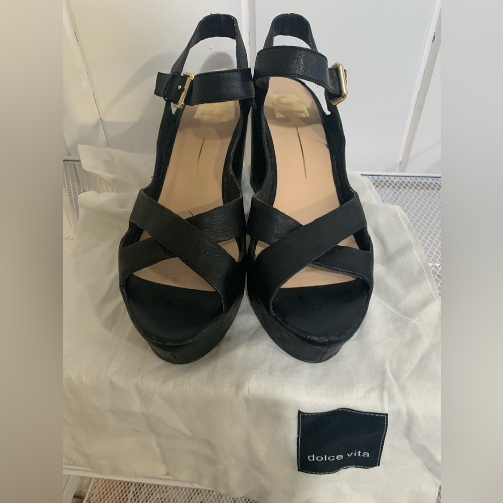 Dolce vita black leather wedge heels size 10